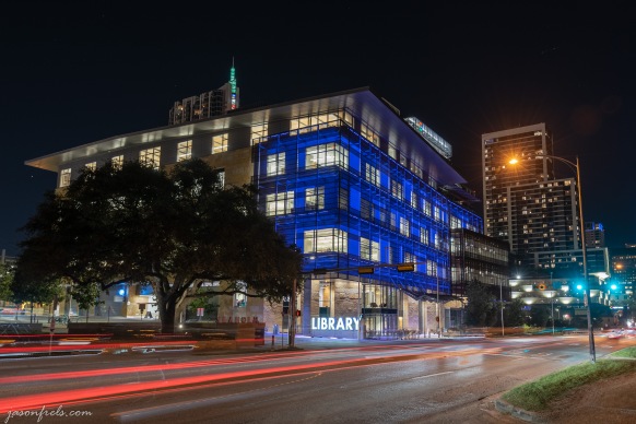 Austin Central Library in Austin Texas at night in blue